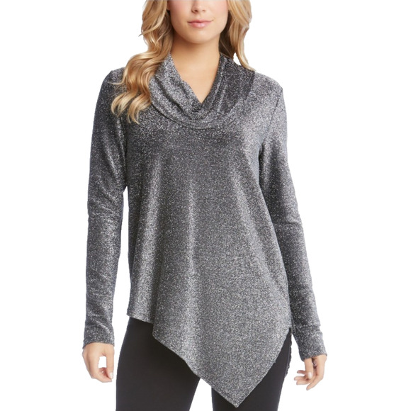 Karen Kane Silver Glitter Lurex Cowl Neck Asymmetrical Hem Glam Tunic Top XL - Picture 1 of 9